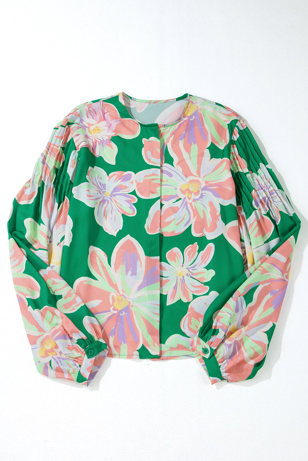 Green Floral Print Button up Pleated Puff Sleeve Loose Shirt Blouses & Shirts JT's Designer Fashion