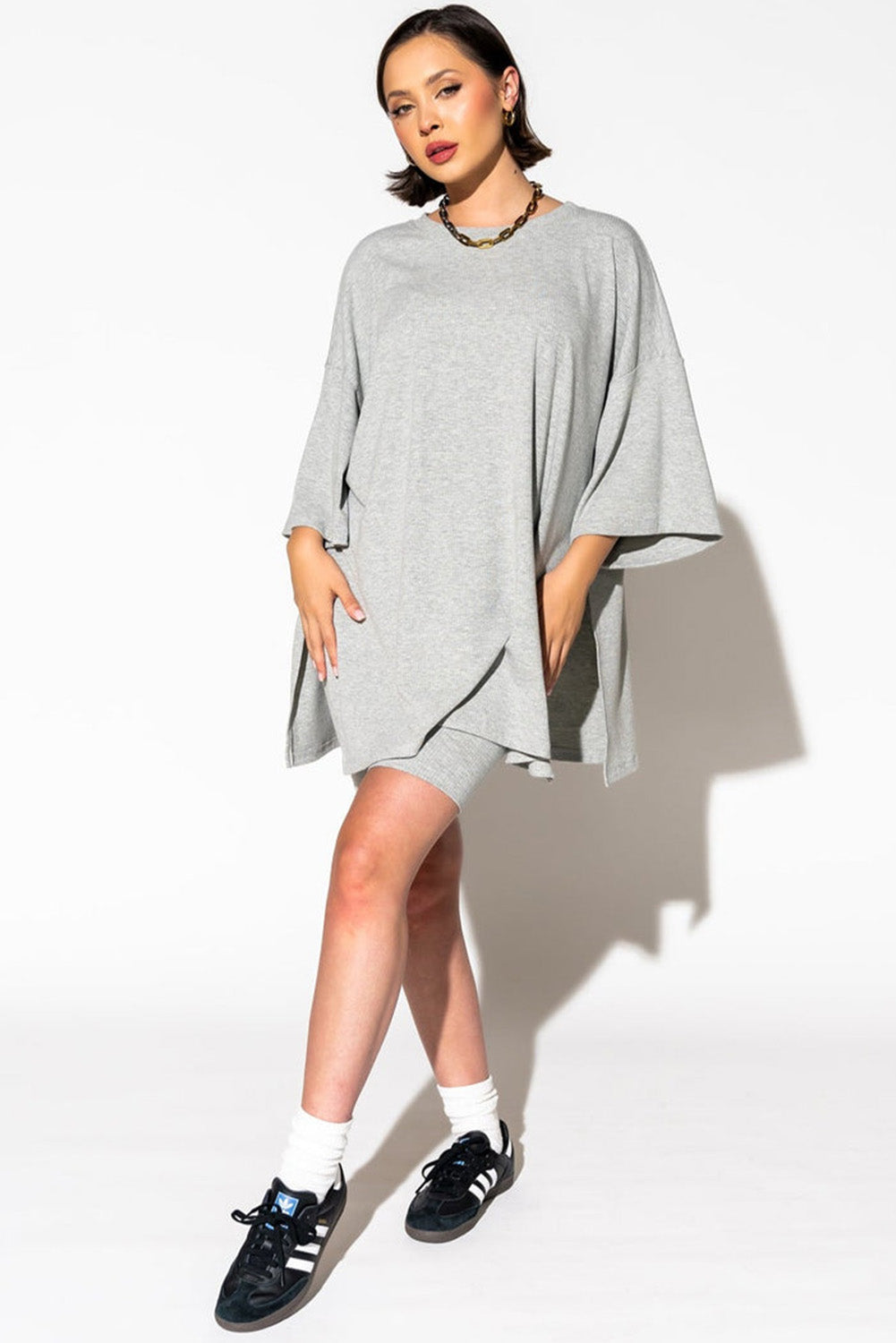 Light Grey Solid Color Loose Tunic Top and Slim Shorts Set Short Sets JT's Designer Fashion