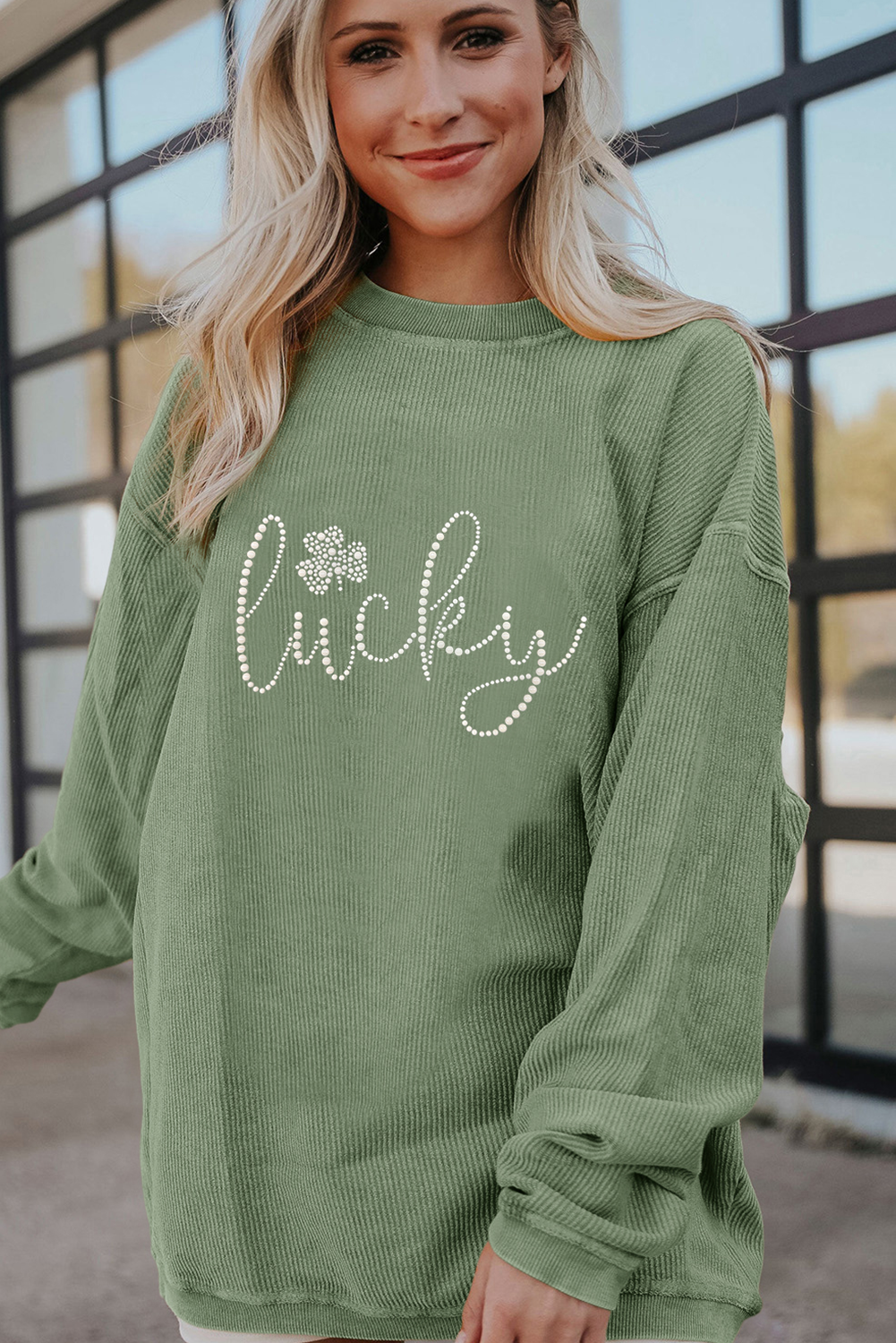 Grass Green Rhinestone lucky Clover Graphic Ribbed St Patrick Sweatshirt Graphic Sweatshirts JT's Designer Fashion