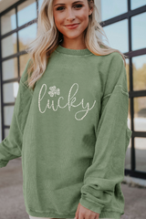 Grass Green Rhinestone lucky Clover Graphic Ribbed St Patrick Sweatshirt Graphic Sweatshirts JT's Designer Fashion