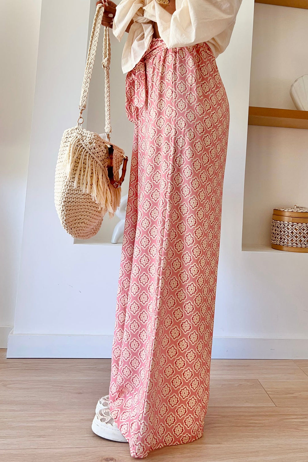 Pink Geometric Print Lace-up High Waist Wide Leg Pants Bottoms JT's Designer Fashion