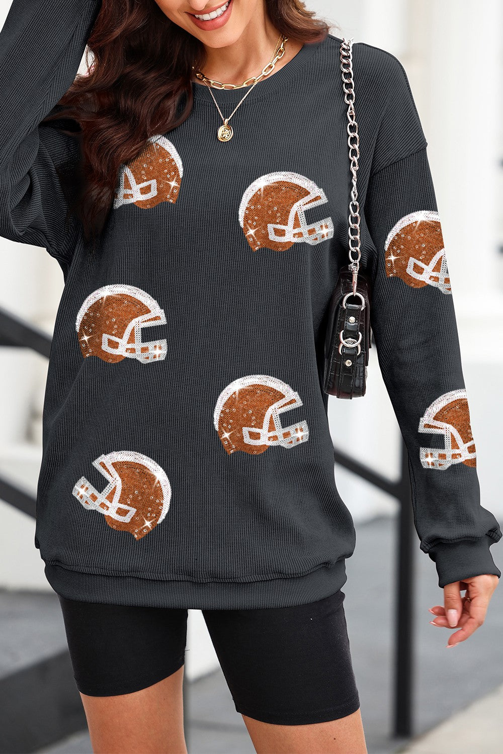 Sequin Helmet Round Neck Long Sleeve Sweatshirt Long Sleeve Tops JT's Designer Fashion