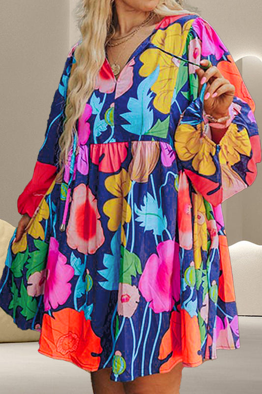 Plus Size Printed Tie Neck Long Sleeve Dress Floral Dresses JT's Designer Fashion