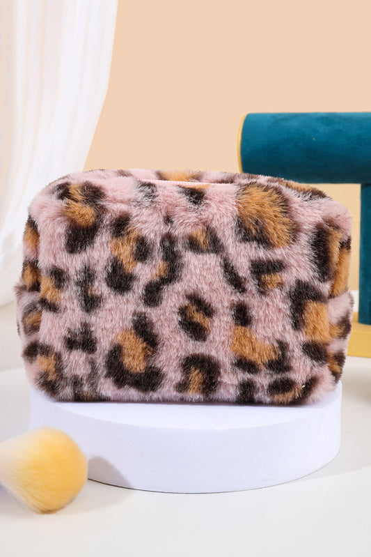 Peach Blossom Leopard Print Zipper Plush Cosmetic Bag Makeup Bags JT's Designer Fashion