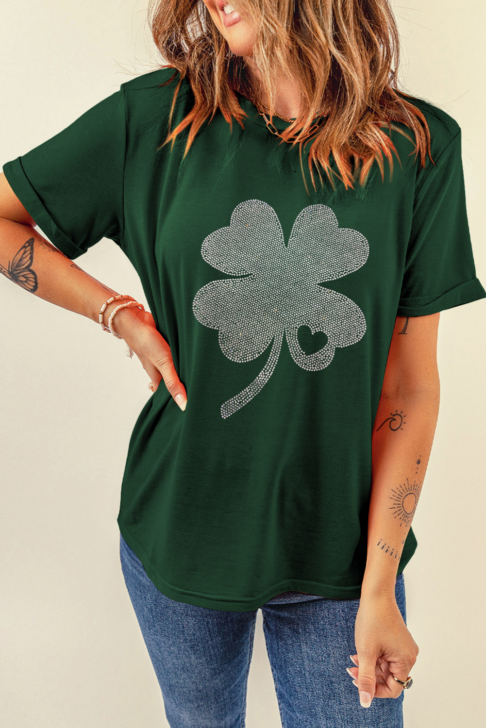 Green Rhinestone Four Leaf Clover Graphic St Patrick Crewneck Tee Graphic Tees JT's Designer Fashion
