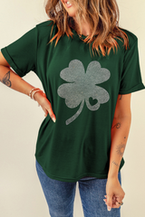 Green Rhinestone Four Leaf Clover Graphic St Patrick Crewneck Tee Graphic Tees JT's Designer Fashion