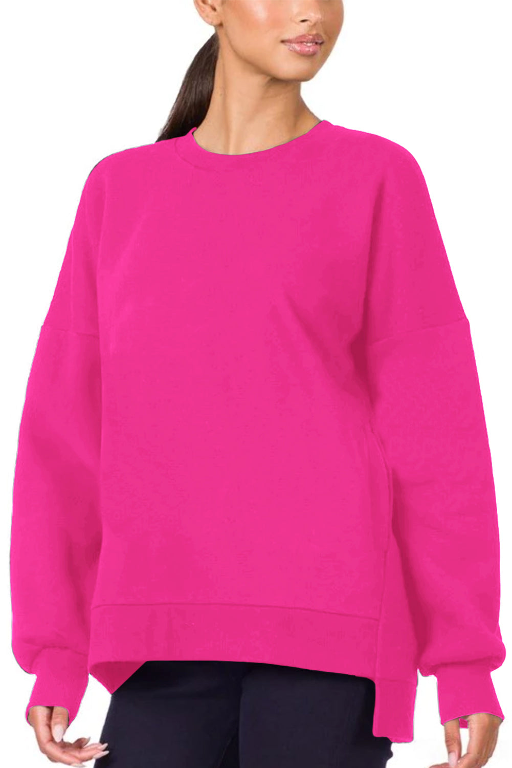 Rose Red Plain Drop Shoulder High Low Sweatshirt Pre Order Sweatshirts & Hoodies JT's Designer Fashion