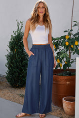 Sail Blue Side Pockets Frilled Smocked High Waist Wide Leg Jeans Jeans JT's Designer Fashion
