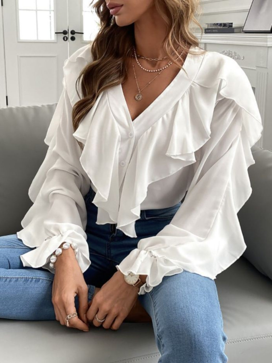 Full Size Ruffled V-Neck Button Down Flounce Sleeve Blouse Long Sleeve Tops JT's Designer Fashion