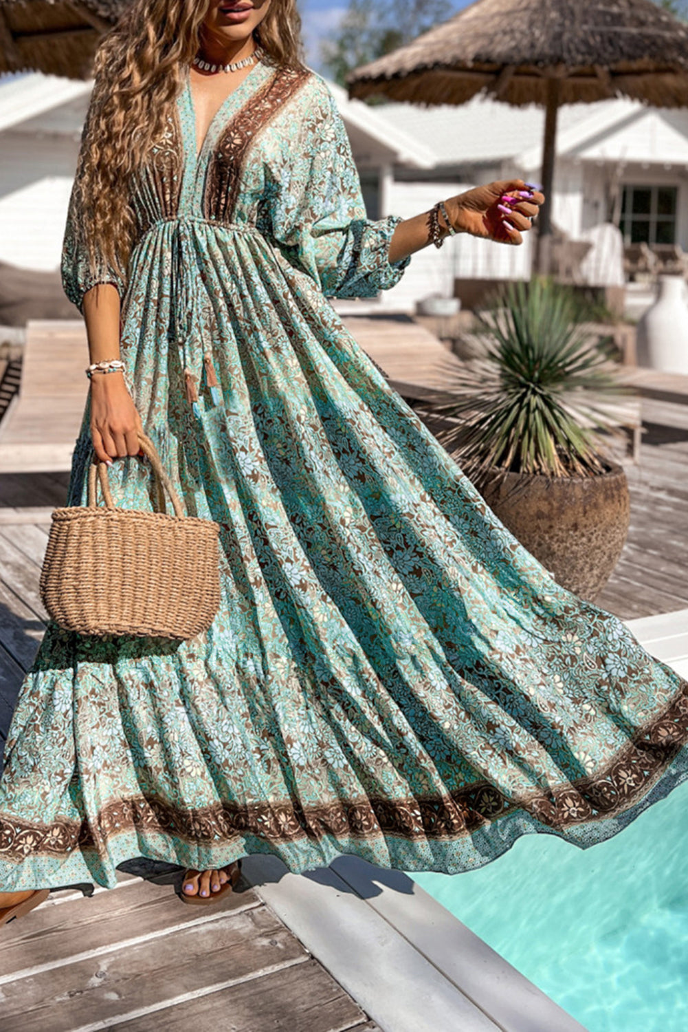 Green Boho Floral Print Lace-up Open Back High Waist Maxi Dress Floral Dresses JT's Designer Fashion