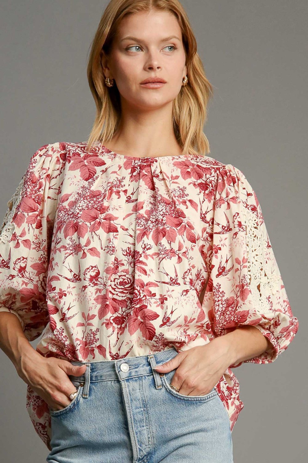 Umgee Floral Pleated Detail Lace Trim Sleeve Blouse Pink Mix Long Sleeve Tops JT's Designer Fashion