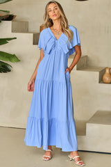 Sky Blue Textured V Neck Flutter Sleeve Ruffled Maxi Dress Sky Blue 65%Polyester+30%Viscose+5%Elastane Maxi Dresses JT's Designer Fashion