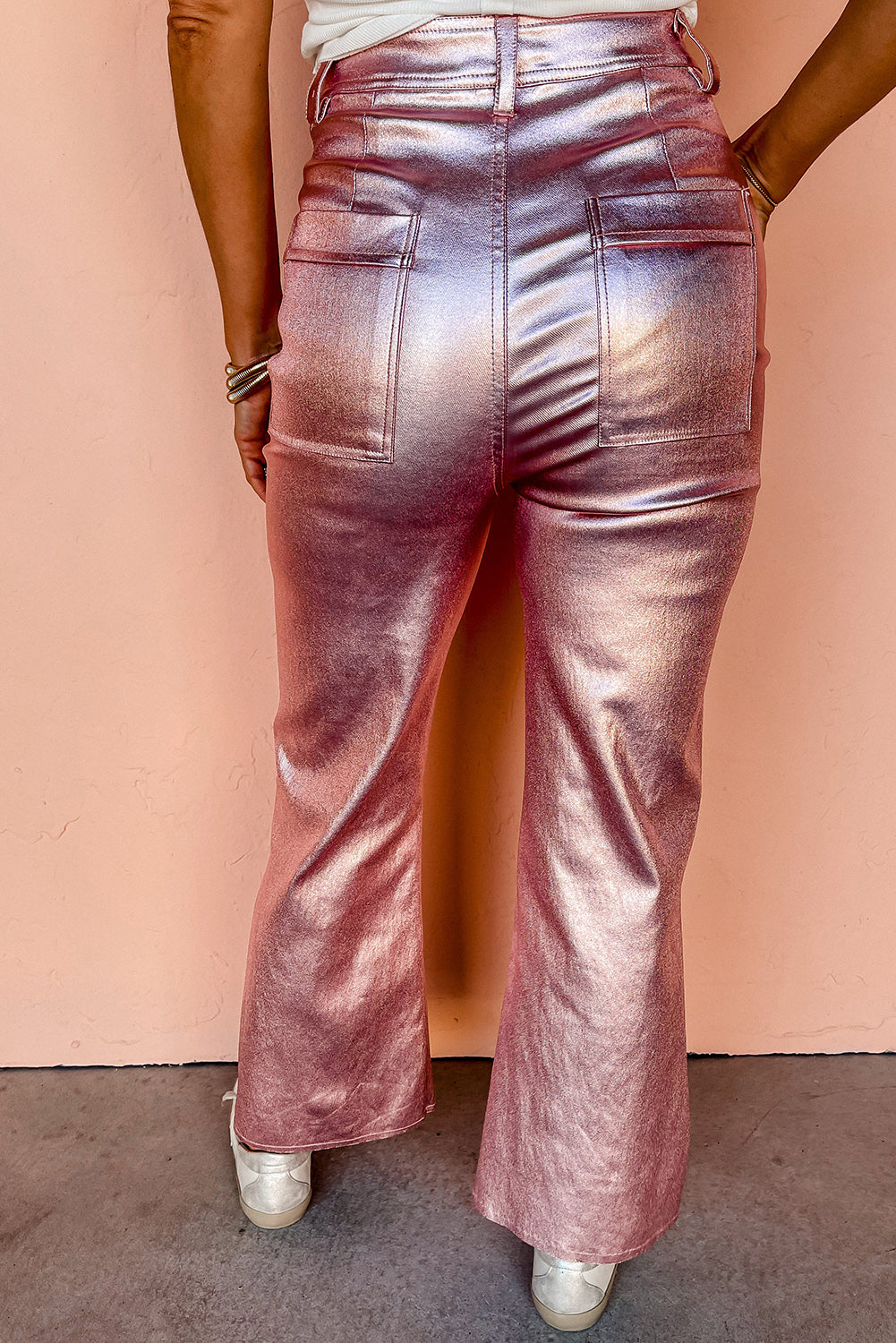 Pink Metallic Luster Flare Leg Pants Bottoms JT's Designer Fashion