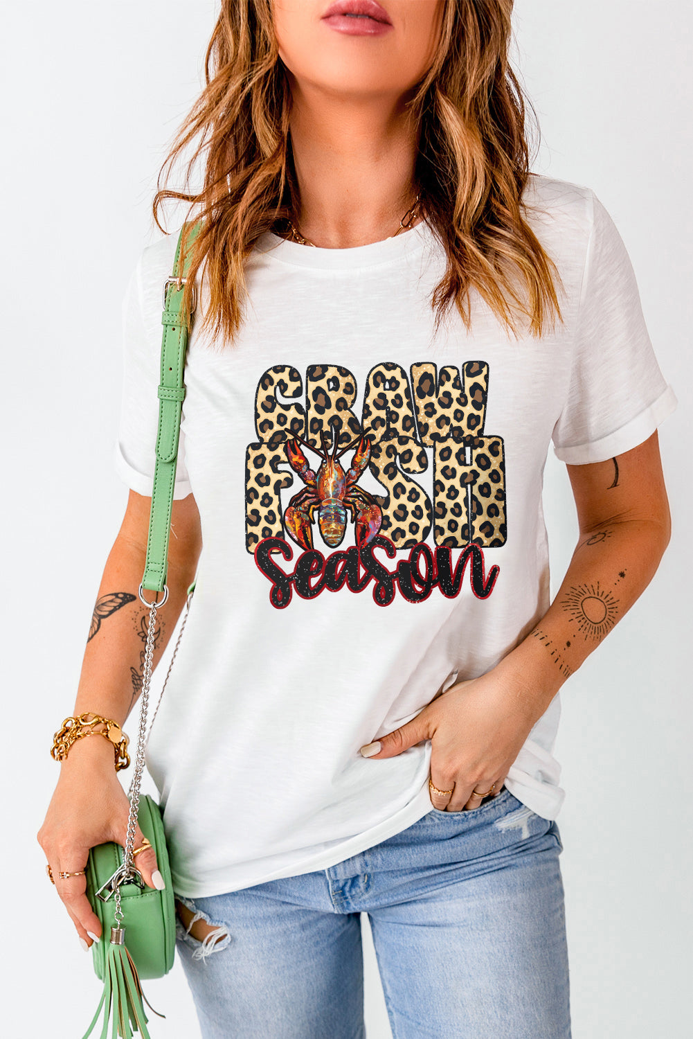 White Crawfish Season Leopard Letter Graphic Tee Graphic Tees JT's Designer Fashion