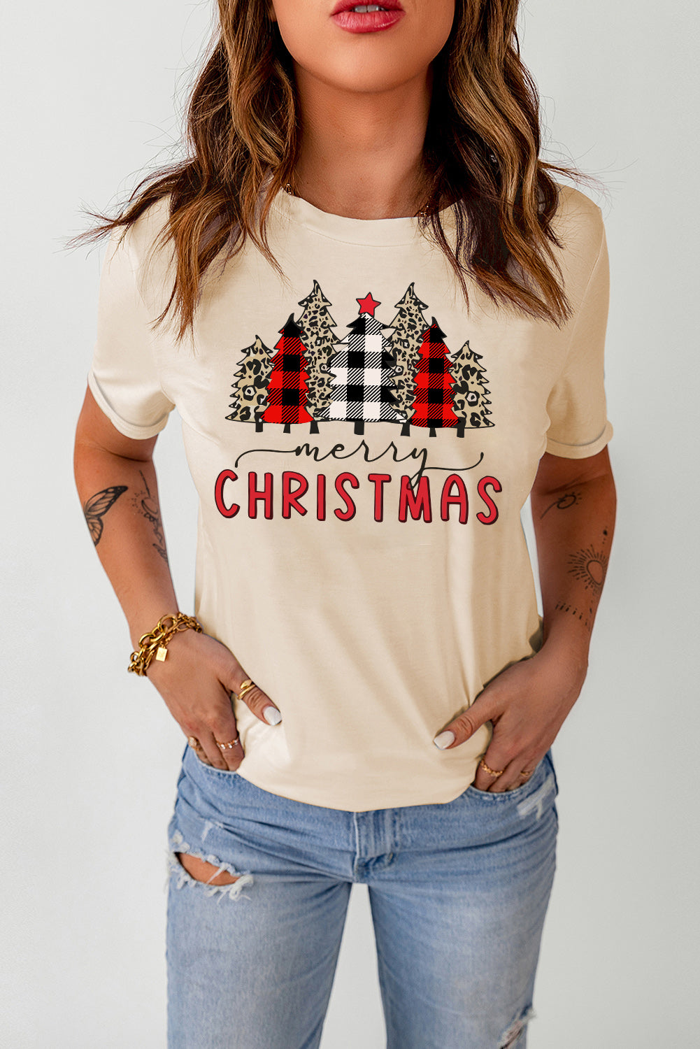 Khaki Plaid Leopard Merry Christmas Tree Graphic Tee Graphic Tees JT's Designer Fashion