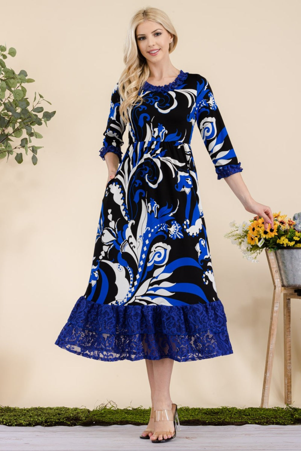 Celeste Full Size Paisley Print Lace Ruffled Midi Dress Midi Dresses JT's Designer Fashion