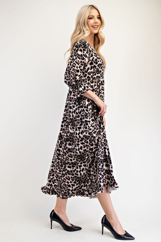 Celeste Full Size Leopard Round Neck Flounce Sleeve Dress Maxi Dresses JT's Designer Fashion