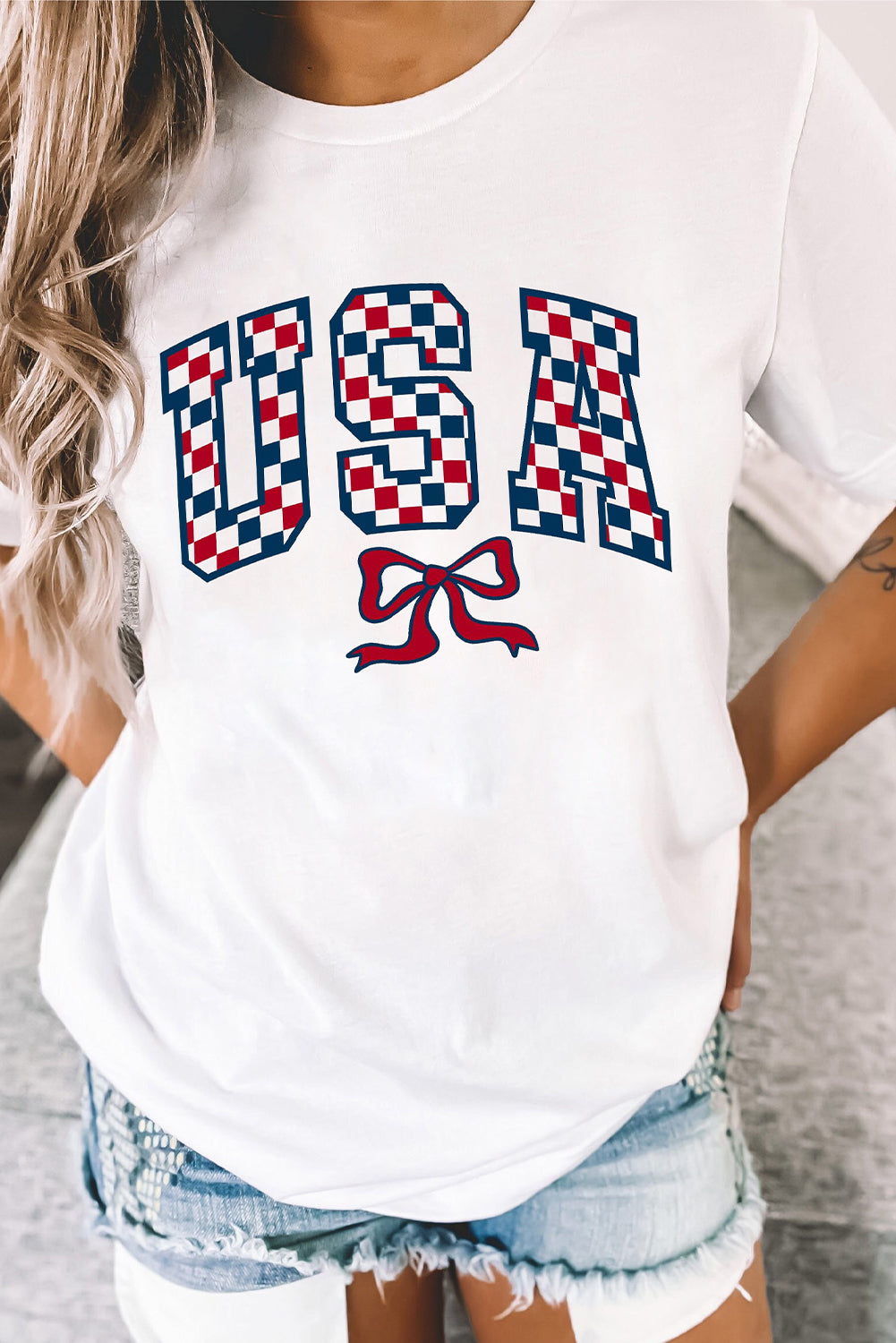White Checkered USA Graphic Casual Tee Graphic Tees JT's Designer Fashion
