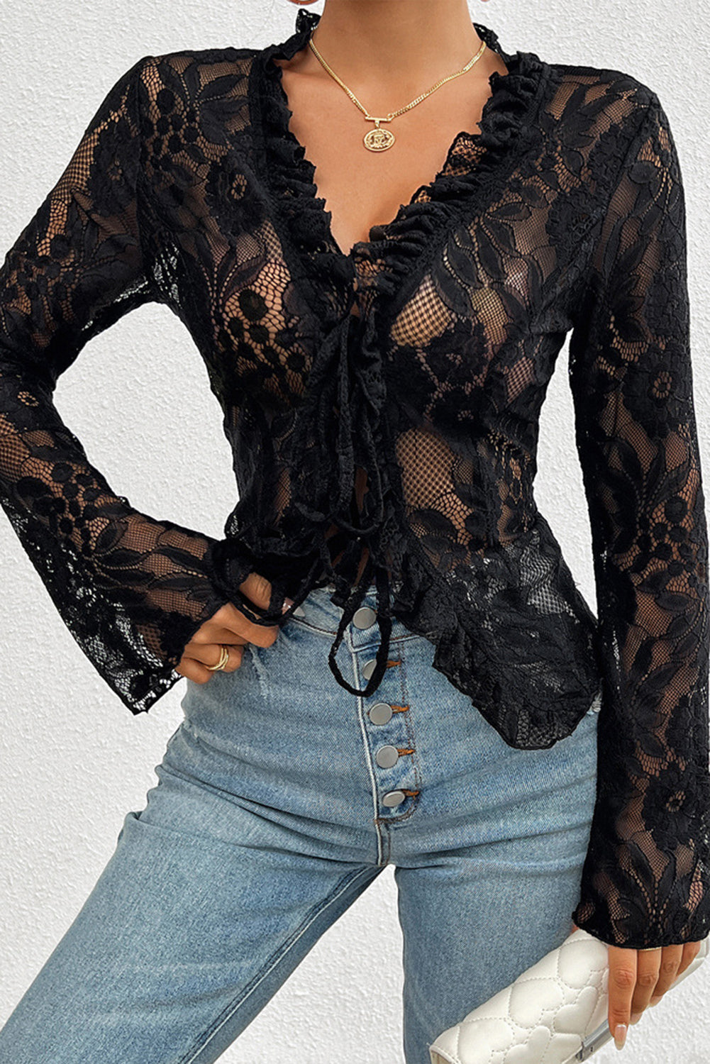 Black Frilly Tie Front See-Through Floral Lace Blouse Blouses & Shirts JT's Designer Fashion