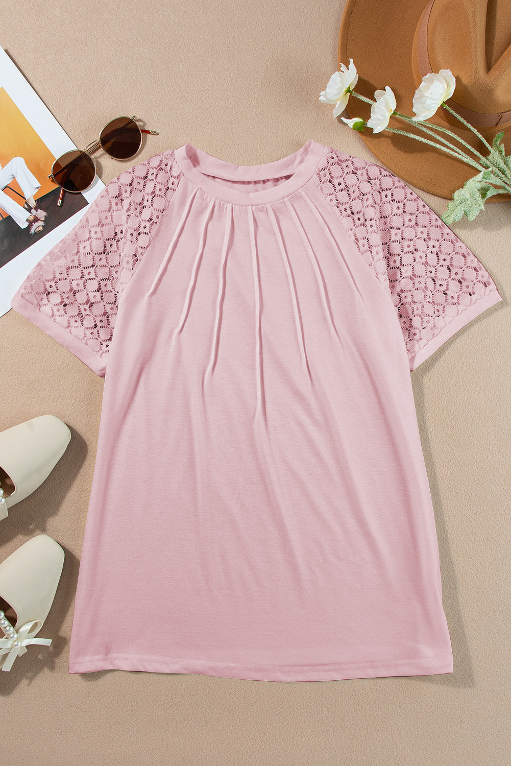 Pink Seamed Detail Contrast Lace Raglan Sleeve Tee Tops & Tees JT's Designer Fashion