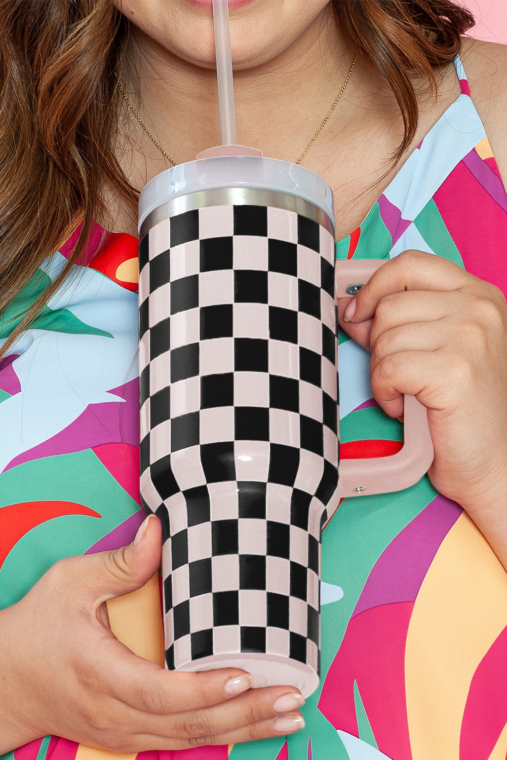 Black Checkered Print Handle Large Vacuum Cup 40OZ Tumblers JT's Designer Fashion