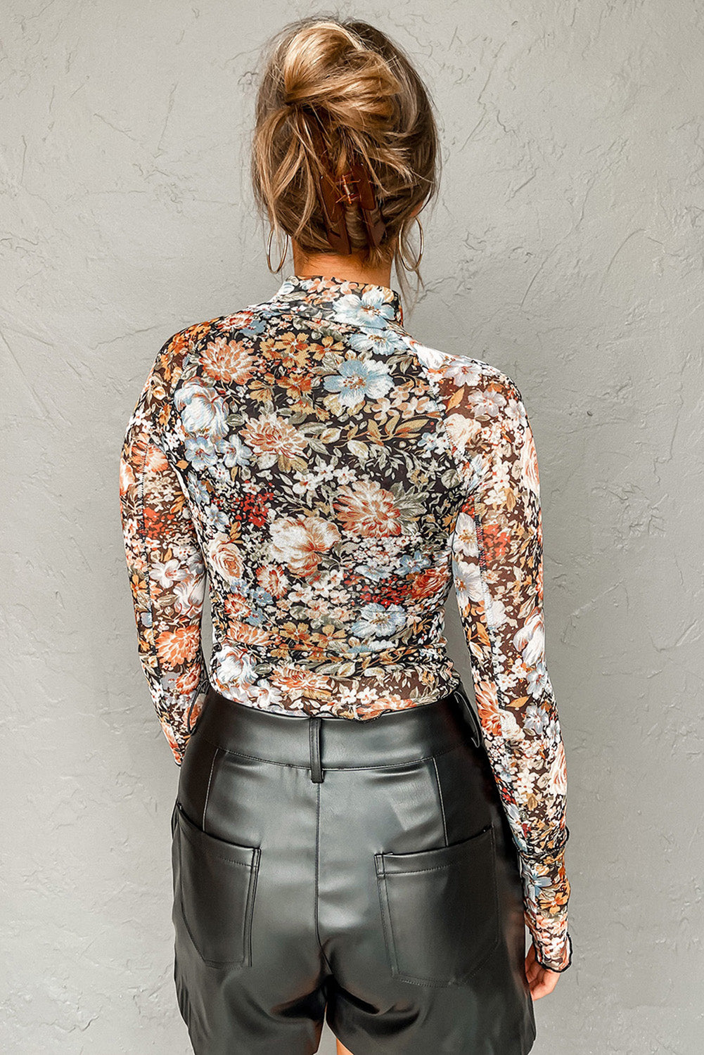 Brown Floral Long Sleeve High Neck Sheath Mesh Blouse Blouses & Shirts JT's Designer Fashion