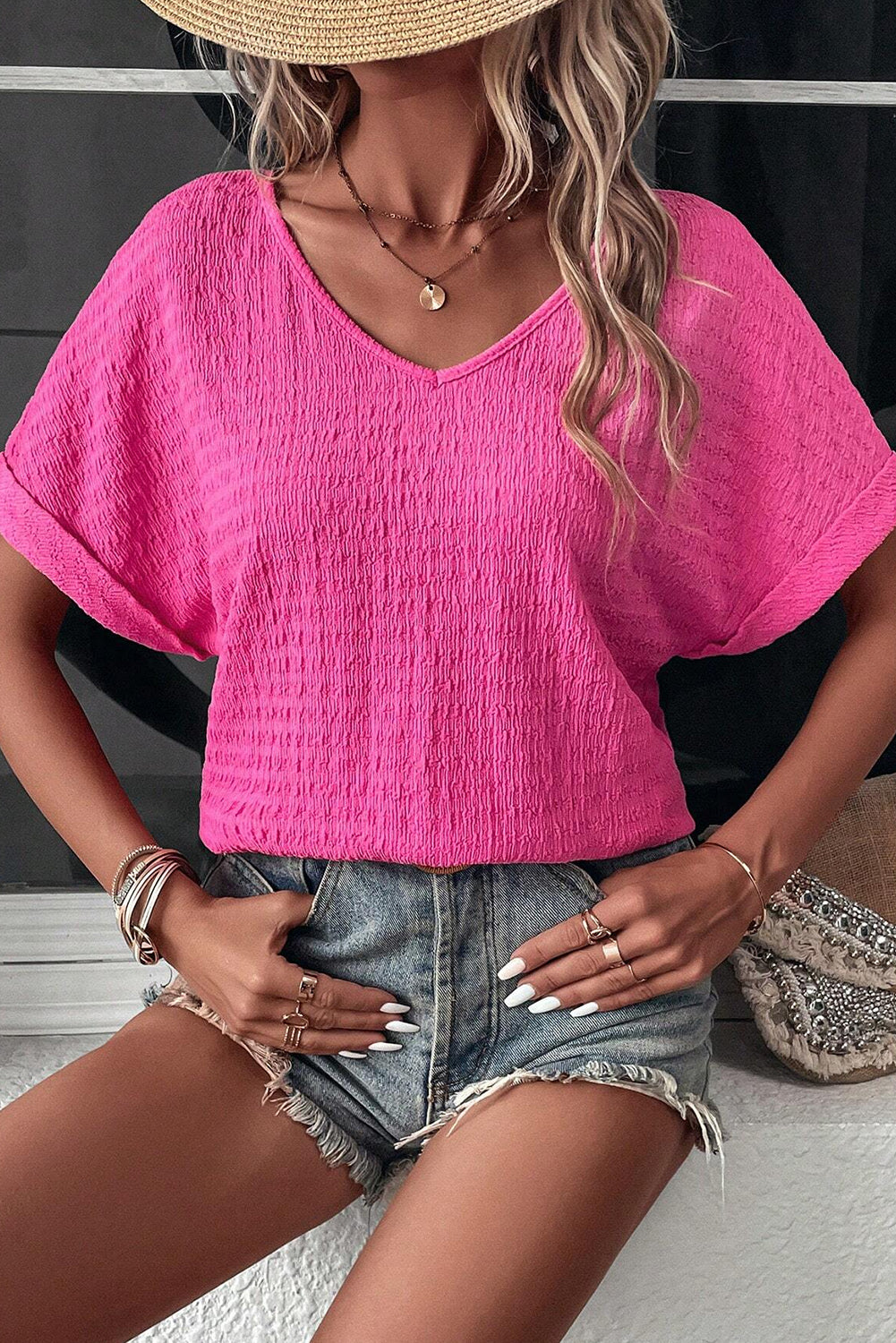 Bright Pink Textured Rolled Short Sleeve V Neck Blouse Pre Order Tops JT's Designer Fashion