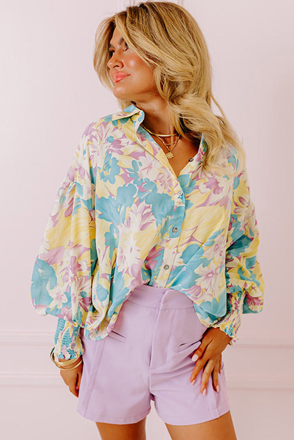 Yellow Floral Allover Print Shirred Cuff Oversized Shirt Blouses & Shirts JT's Designer Fashion