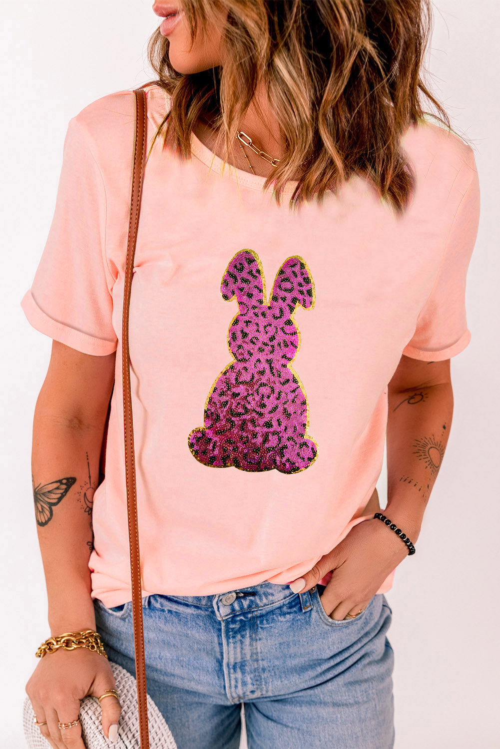 Pink Sequined Leopard Bunny Easter Graphic Tee Graphic Tees JT's Designer Fashion