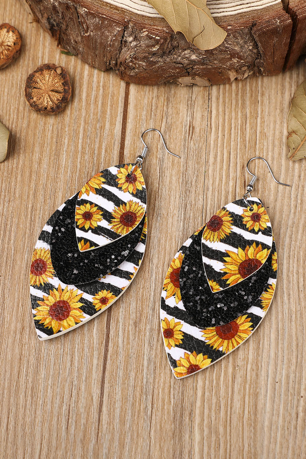 Leopard Sunflower Black Sequined Leaf Multi-Layered Leather Earrings Jewelry JT's Designer Fashion