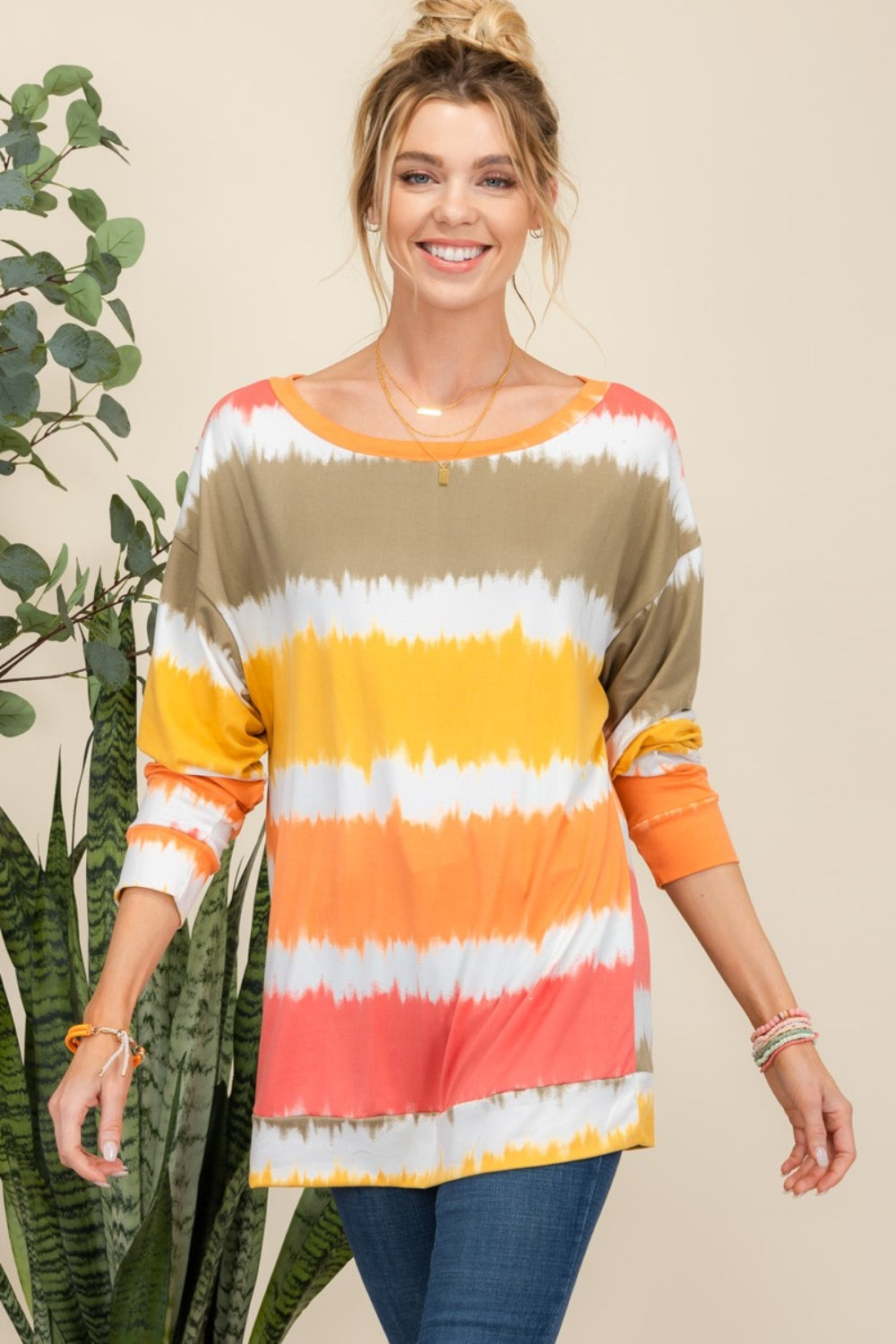 Celeste Full Size Striped Long Sleeve T-Shirt Mustard Stripe Long Sleeve Tops JT's Designer Fashion