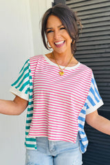 Pink Stripe Mixed Pattern Patchwork Uneven Hem Loose Tee Pre Order Tops JT's Designer Fashion