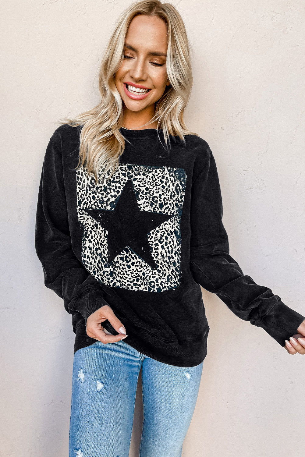 Black Leopard Star Print Sweatshirt Graphic Sweatshirts JT's Designer Fashion