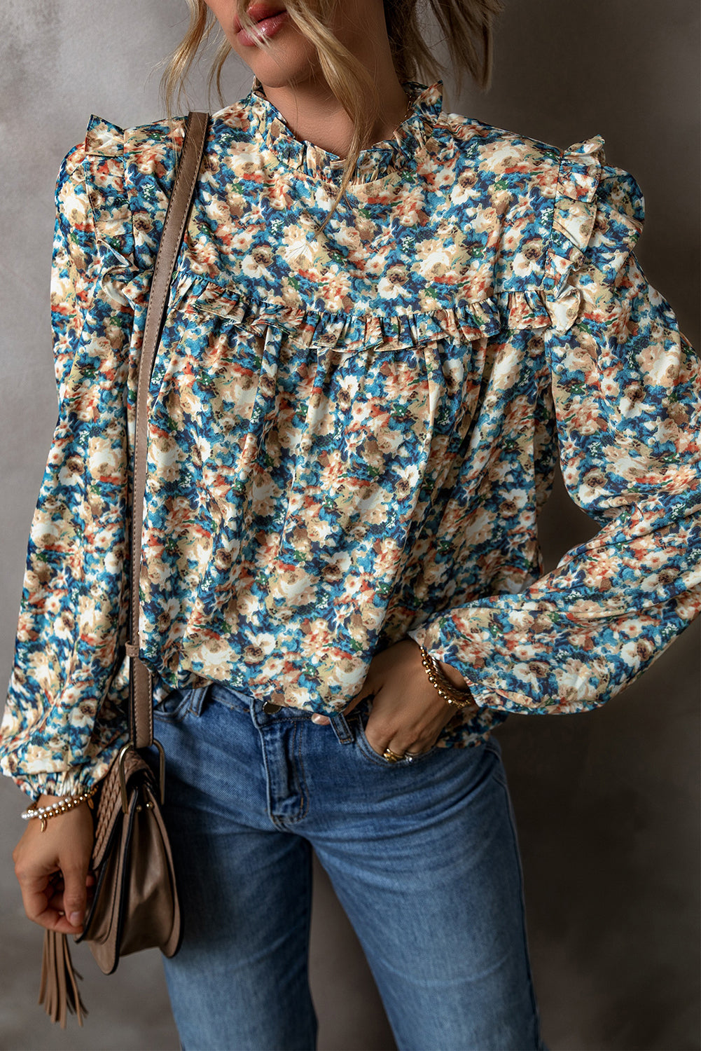 Sky Blue Floral Print Frilled Mock Neck Puff Sleeve Blouse Blouses & Shirts JT's Designer Fashion