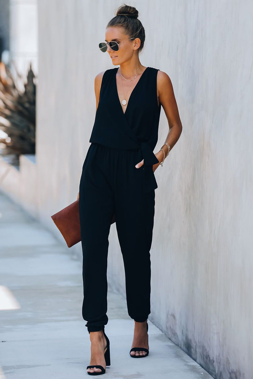 Black Deep V-neck Sleeveless Solid Jumpsuit Jumpsuits & Rompers JT's Designer Fashion