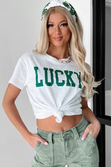 White LUCKY Printed Round Neck St Patricks T Shirt Graphic Tees JT's Designer Fashion