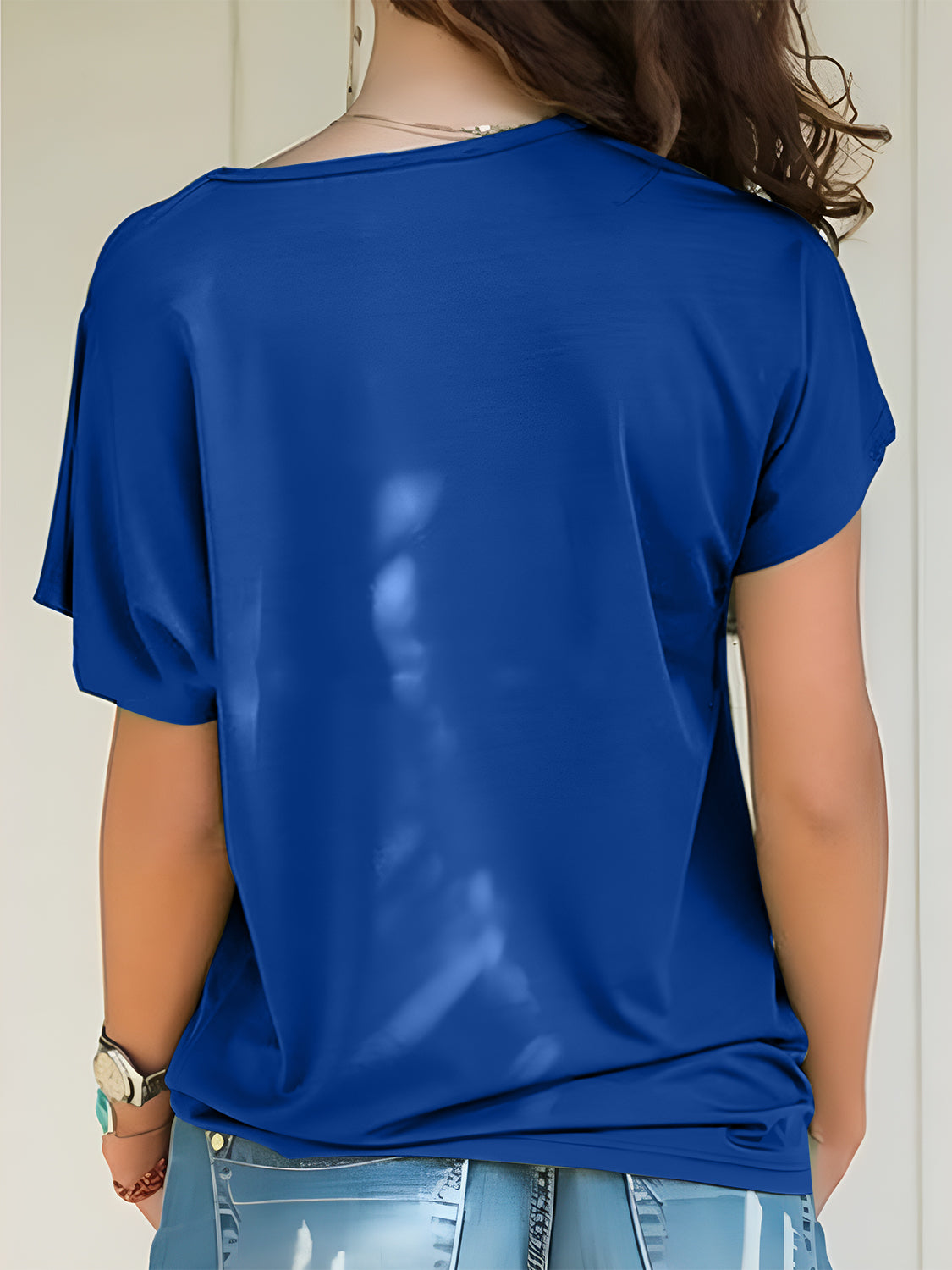 Asymmetrical Neck Short Sleeve T-Shirt Royal Blue Blouses & Shirts JT's Designer Fashion