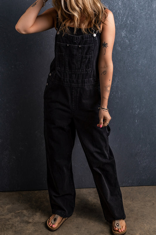 Black Adjustable Buckle Straps Multi Pocket Denim Overalls Pre Order Bottoms JT's Designer Fashion