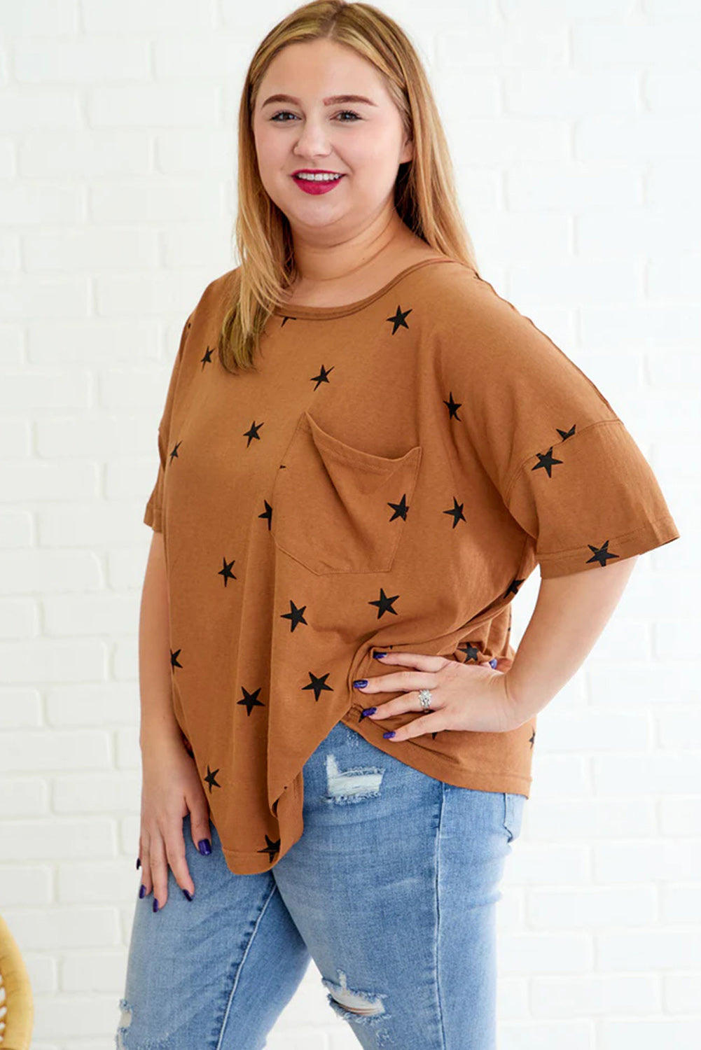 Camel Star Print Pocketed Plus T Shirt Plus Size JT's Designer Fashion