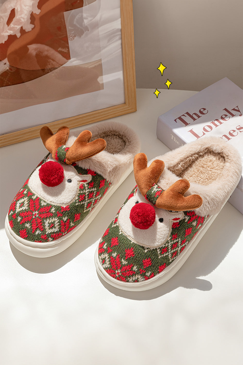 Dark Green Christmas Cartoon Reindeer Plush Home Slippers Slippers JT's Designer Fashion