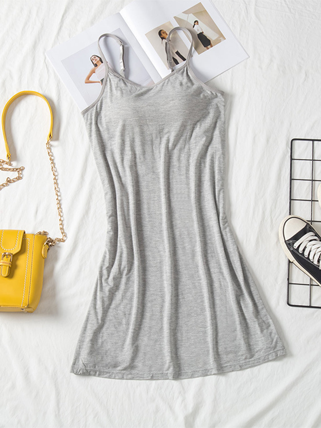 Round Neck Spaghetti Strap Cami Dress with Bra Gray Mini Dresses JT's Designer Fashion