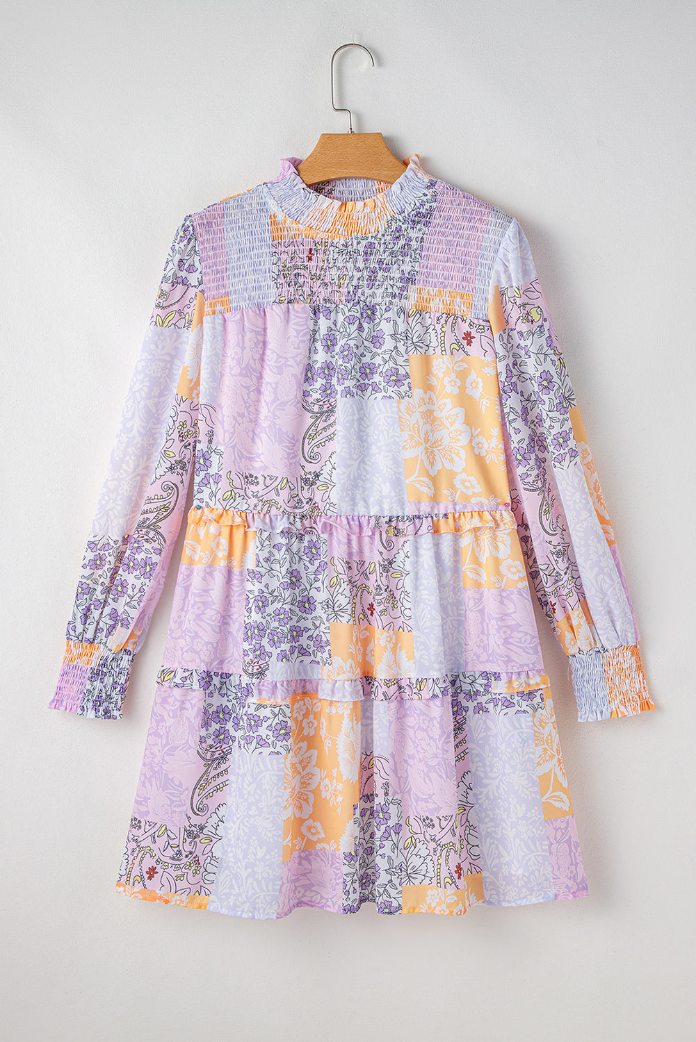 Multicolour Floral Smocked Mock Neck Ruffled Tiered Bubble Sleeve Dress Floral Dresses JT's Designer Fashion