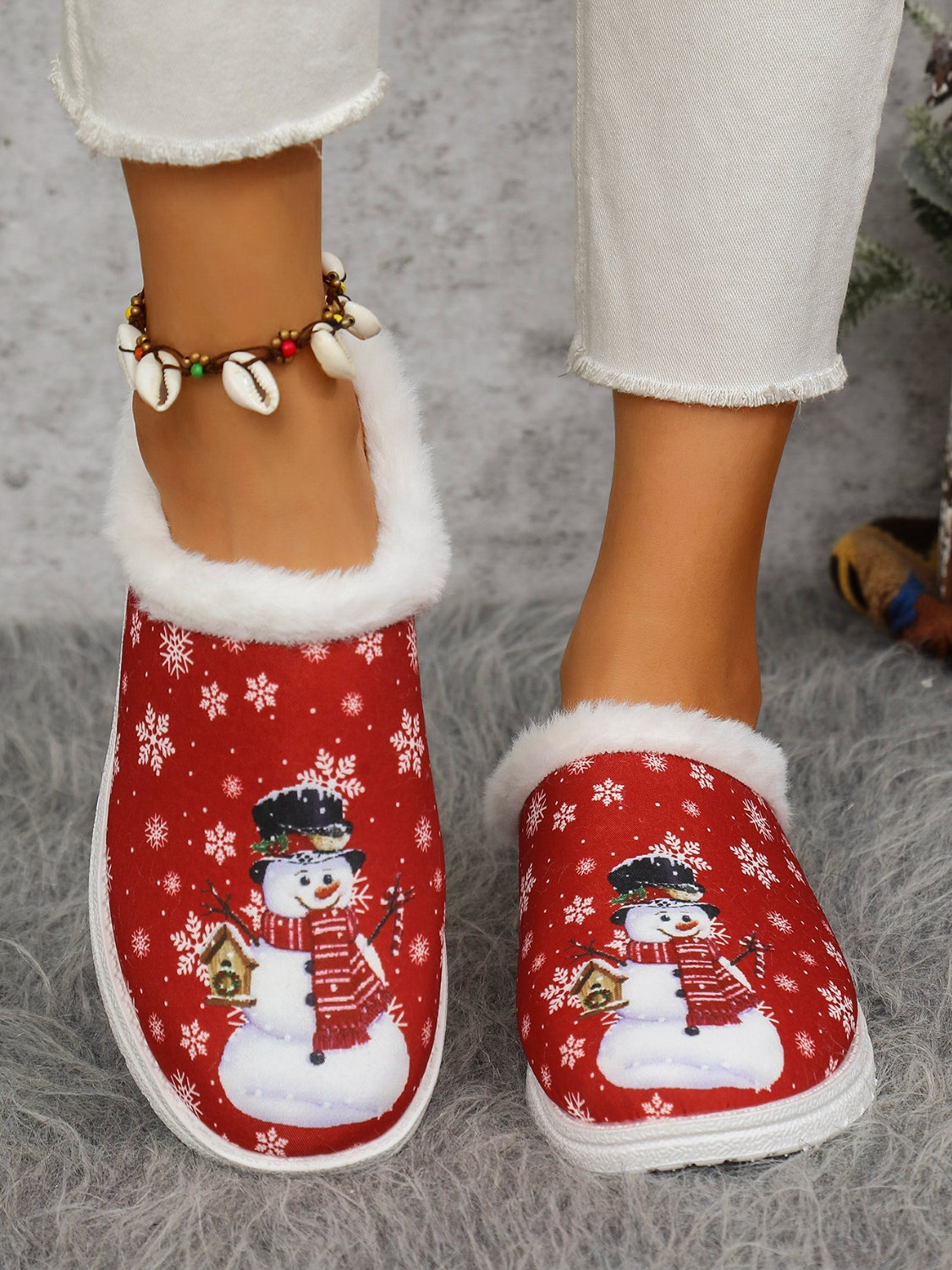 Snowman Print Flat Slippers with Faux Fur Slippers JT's Designer Fashion