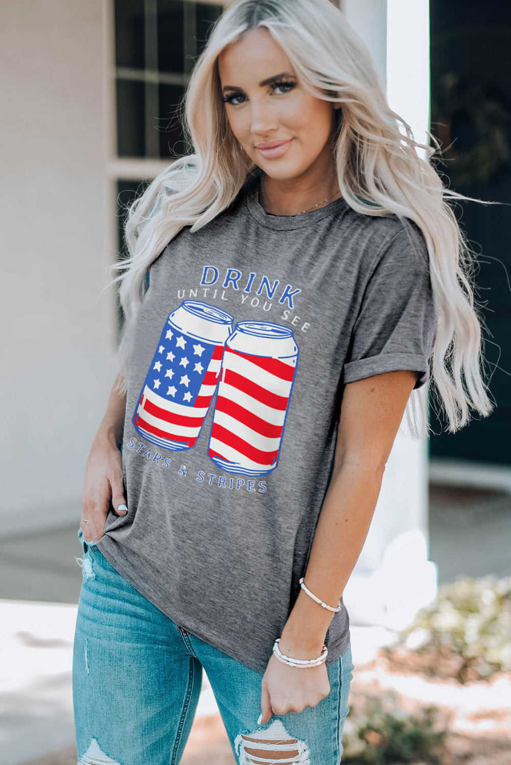 Gray USA Flag Drink Cans Slogan Graphic Tee Graphic Tees JT's Designer Fashion