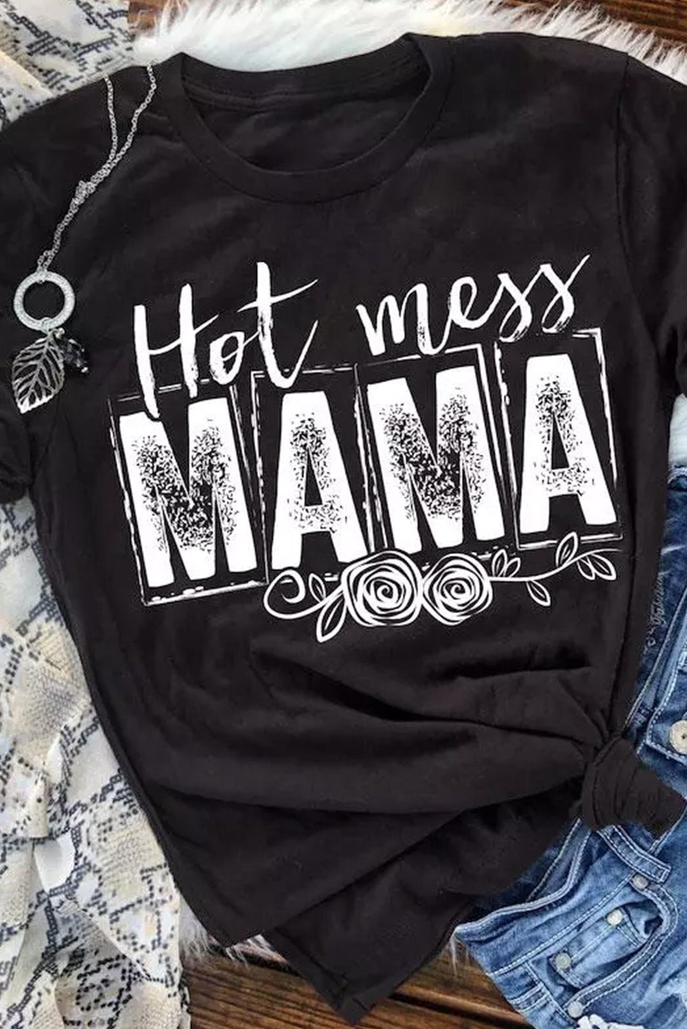 Black MAMA Hot Mess Graphic Print Short Sleeve T Shirt Graphic Tees JT's Designer Fashion