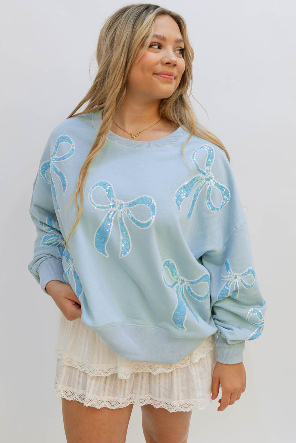 Beau Blue Sequined Bowknot Drop Shoulder Oversized Sweatshirt Sweatshirts & Hoodies JT's Designer Fashion