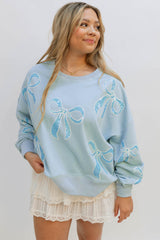 Beau Blue Sequined Bowknot Drop Shoulder Oversized Sweatshirt Sweatshirts & Hoodies JT's Designer Fashion