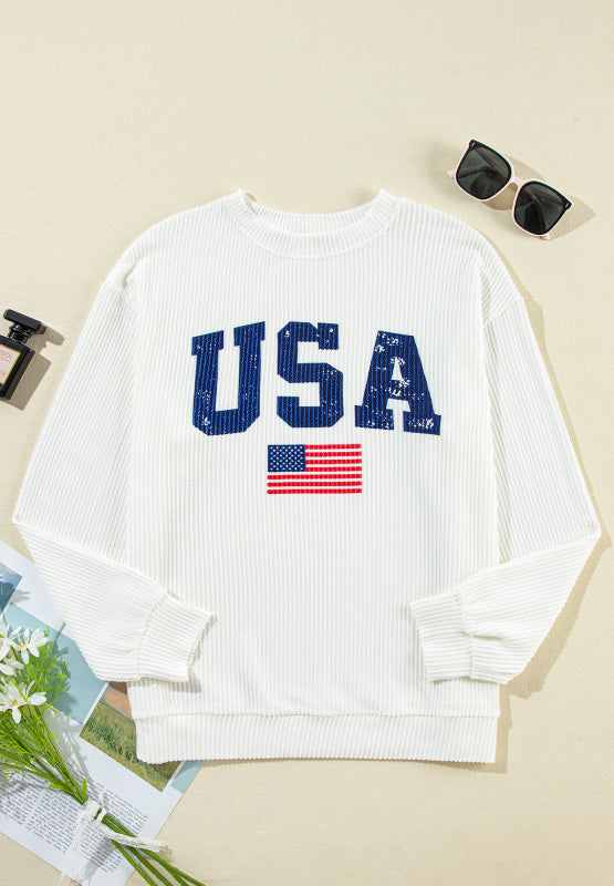 US Flag Corded Long Sleeve Sweatshirt Long Sleeve Tops JT's Designer Fashion