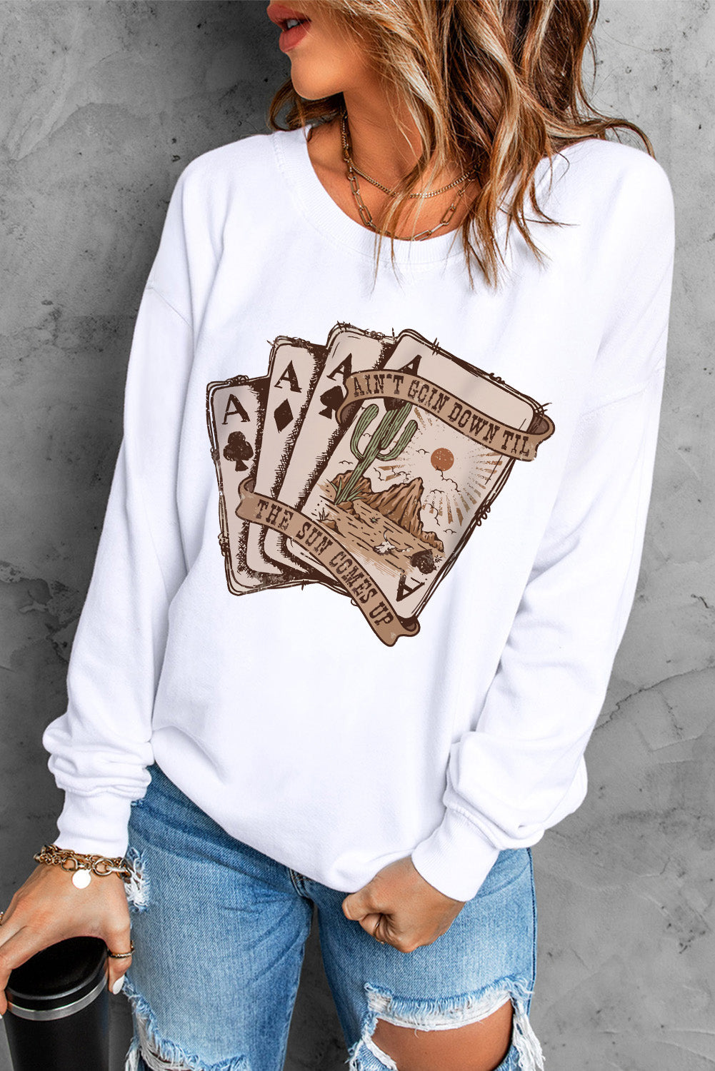 White Retro Desert Sunset Pocker Cards Print Sweatshirt Graphic Sweatshirts JT's Designer Fashion