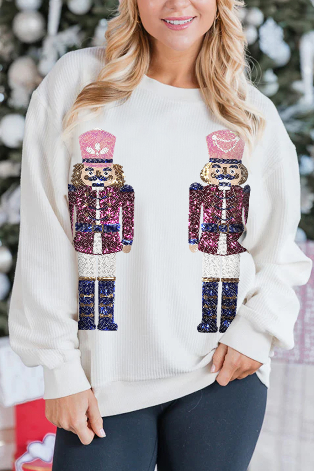 White Sequined Nutcracker Doll Christmas Fashion Corded Baggy Sweatshirt Graphic Sweatshirts JT's Designer Fashion